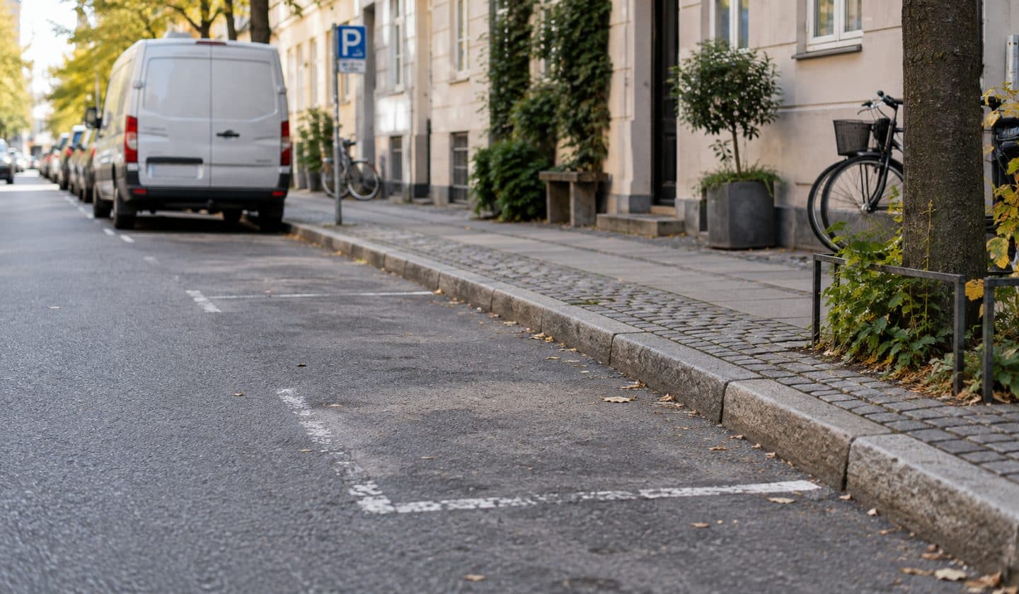En københavnsk gade med slidte parkeringsmarkeringer langs kantstenen.