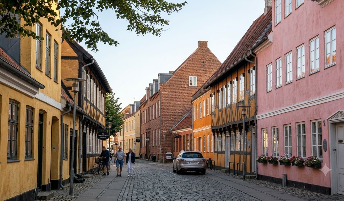 Køge Midtby med parkerede biler og byliv ved vejen.