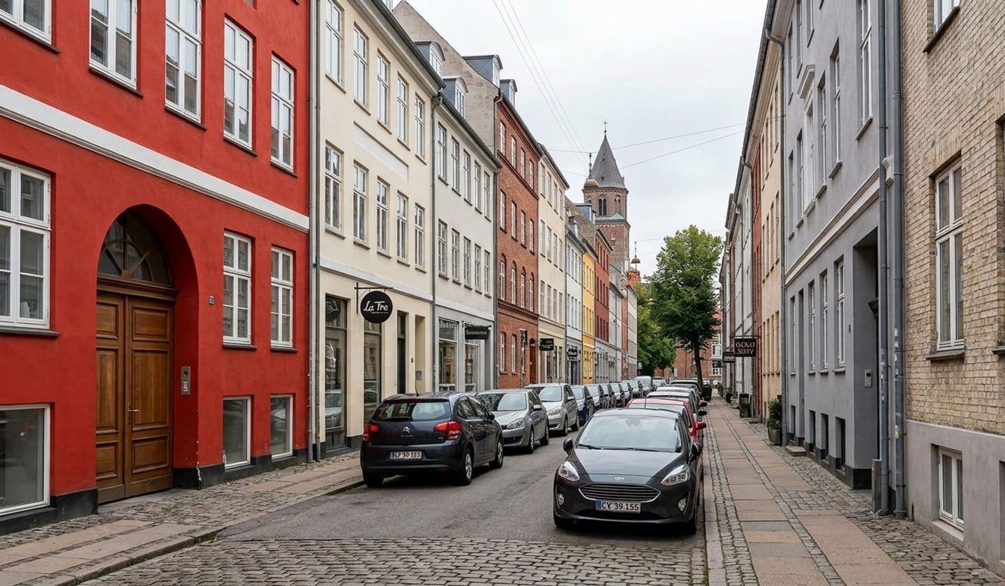 Gade i Middelalderbyen med parkerede biler og tæt byrum.