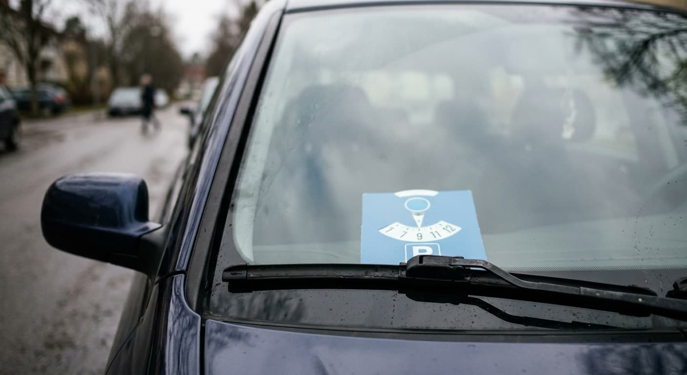 Blå p-skive på instrumentbrættet set gennem forruden på en bil.